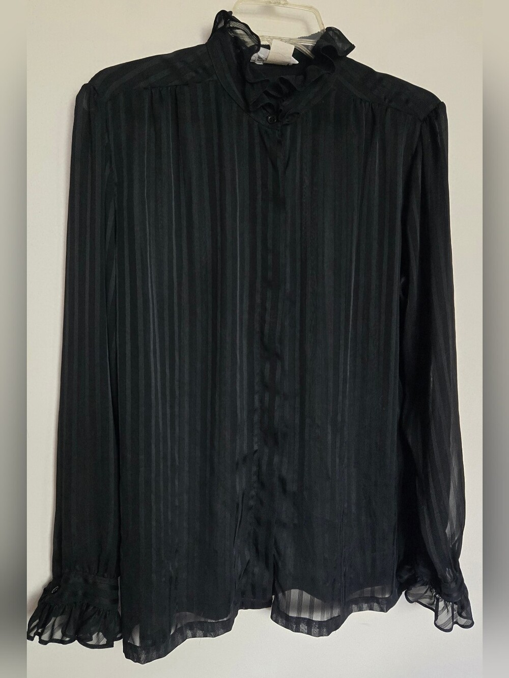 Vintage Long Sleeve Sheer Striped Blouse With Ruffles